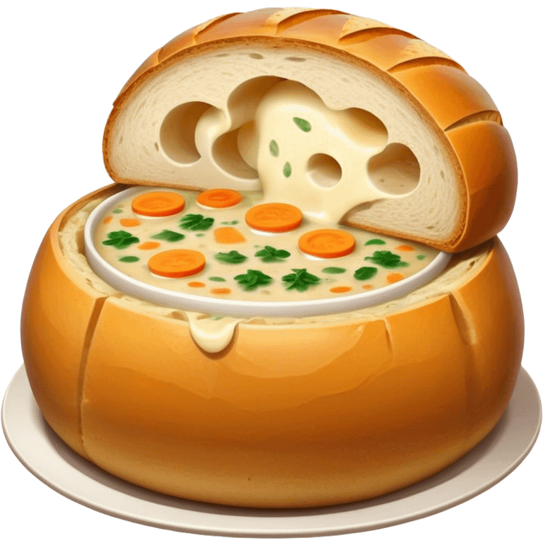 Żurek Cinematic Realistic Żurek Soup Dish Emoji, depicted as a tangy rye soup served inside a hollowed-out round loaf of bread, rendered with rich textures and dynamic, comforting lighting. emoji