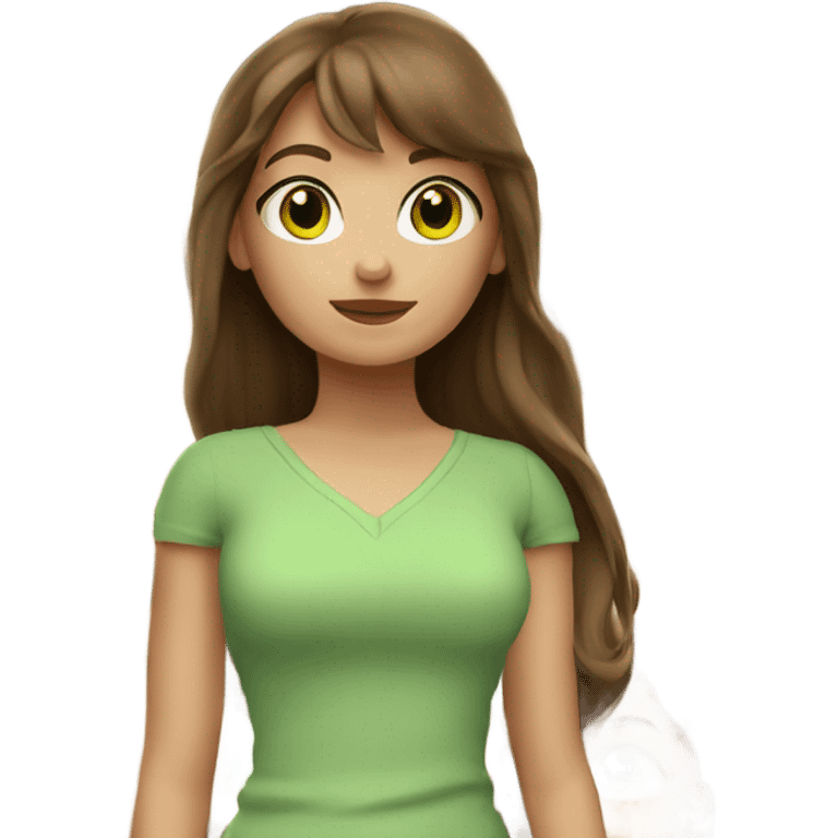 Woman Long brown hair with bangs and green Eyes - in a cute pose emoji