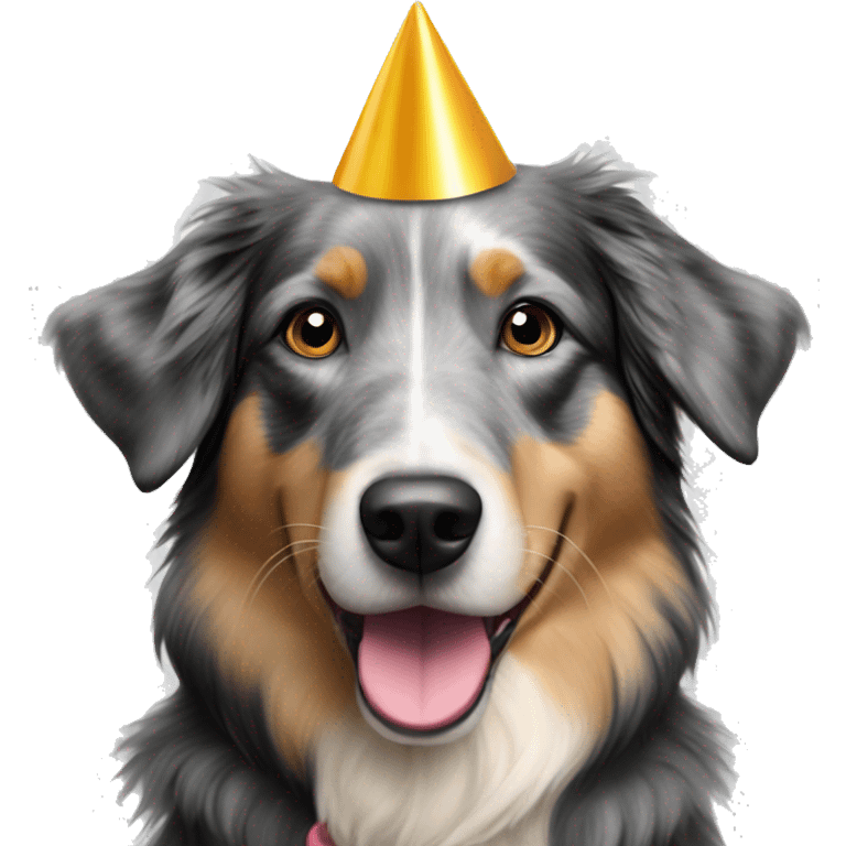 black and grey australian shepherd golden retriever mix with a party hat on emoji