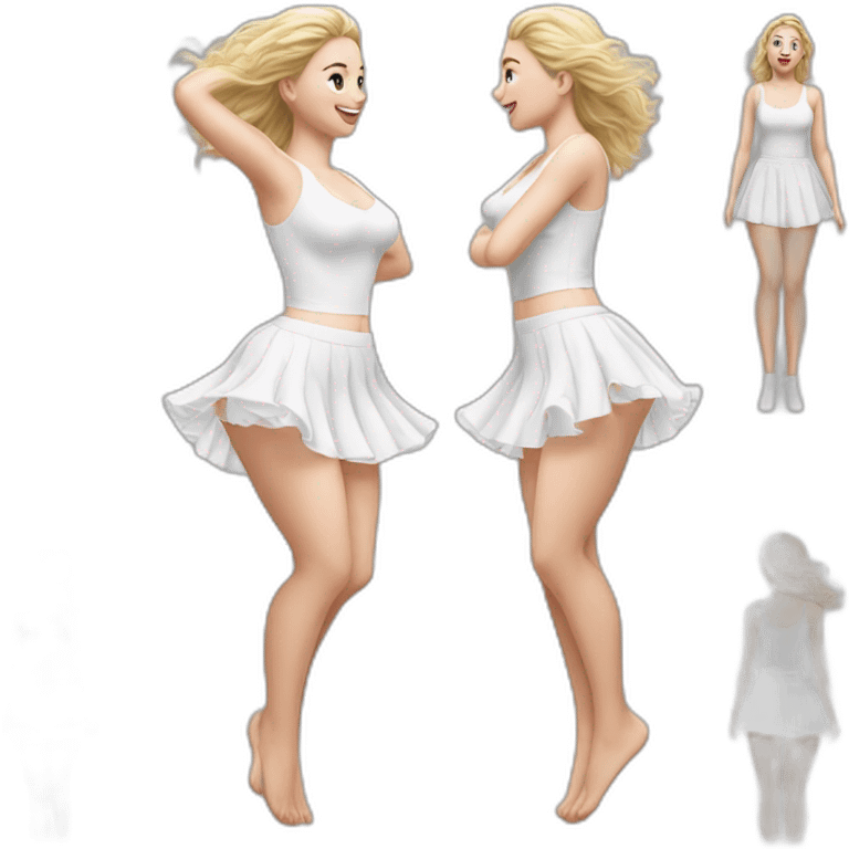 hyperrealistic-full-body-caucasian-curvy-beauty-jumping-small white-skirt-back-and-front-views-strong-wind-white knickers white socks emoji