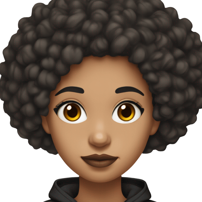 mixed girl with black curly hair and dark brown eyes and has lips with brown lip liner combo and wearing a Nike hoodie black  emoji