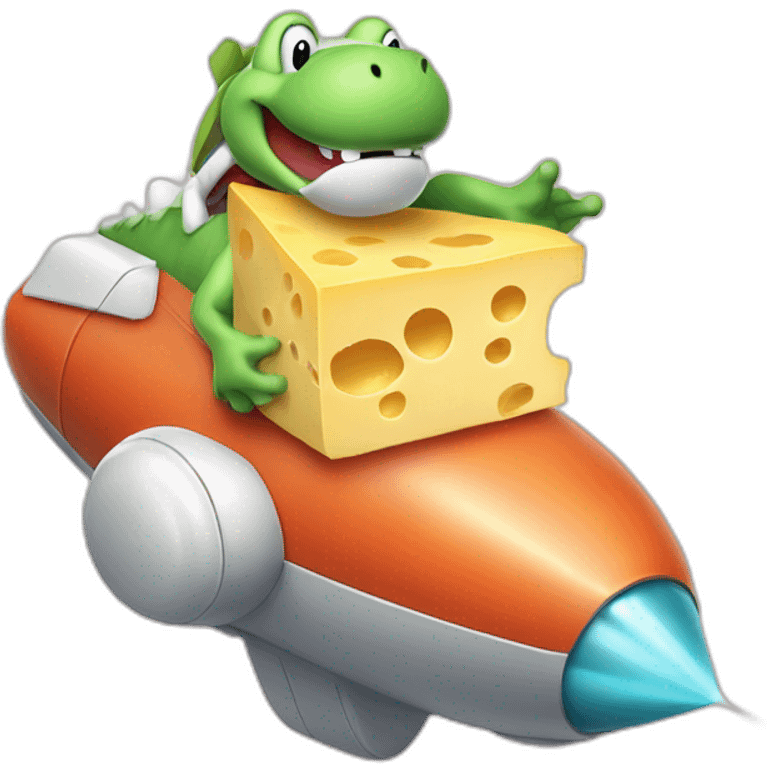 Yoshi in a rocketship with a block of cheese in is hand emoji