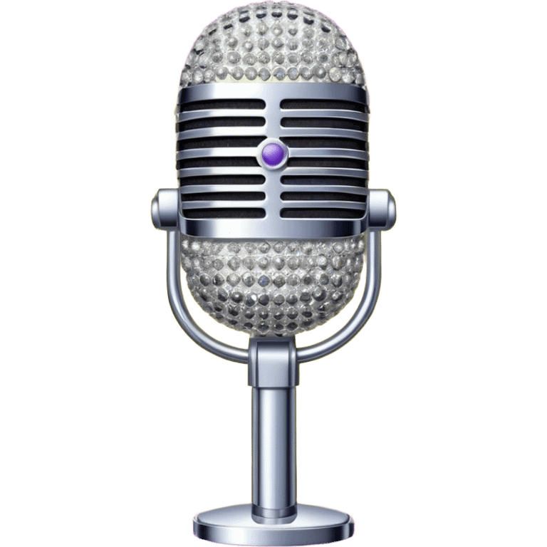 Create a glamorous and vibrant emoji representing stage vocal performance. The design should feature a classic vintage microphone at the center, surrounded by an eye-catching stage costume covered in rhinestones, sparkling brightly. The costume should be stylized, with glittering elements like sequins and sparkles, and reflect the glitzy, extravagant nature of show business. The microphone should have a sleek, retro look with chrome or metallic accents. Use rich, dazzling colors like gold, silver, deep purple, and bright red to evoke the glamorous, larger-than-life feel of a stage performance. The background should be transparent. emoji