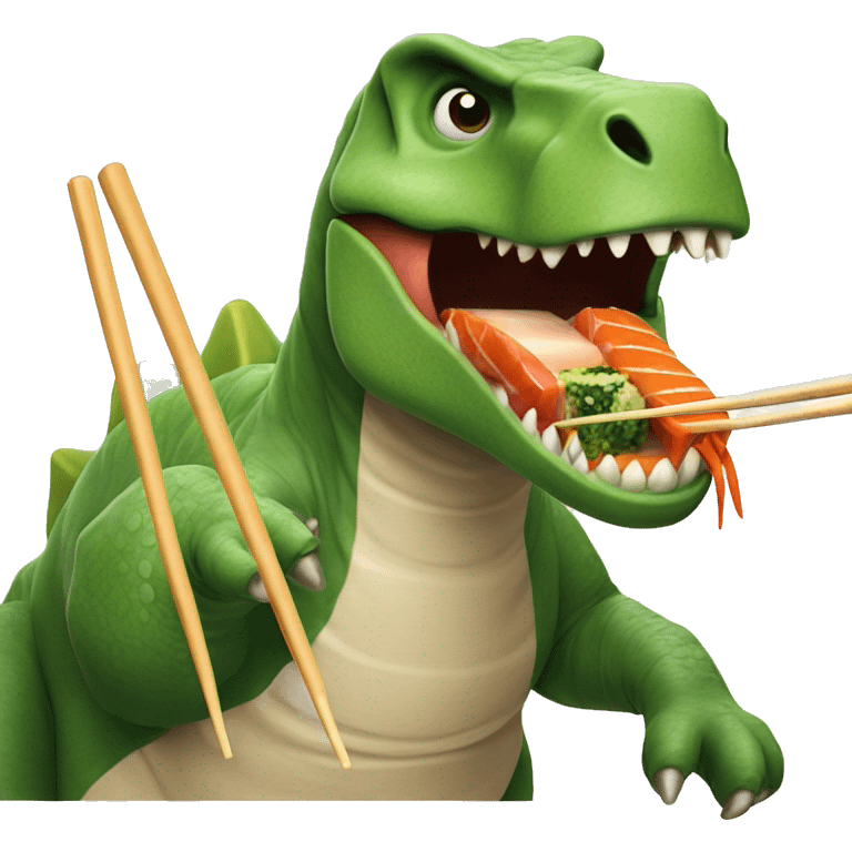 Dinosaur using chopsticks and eatin sushi emoji