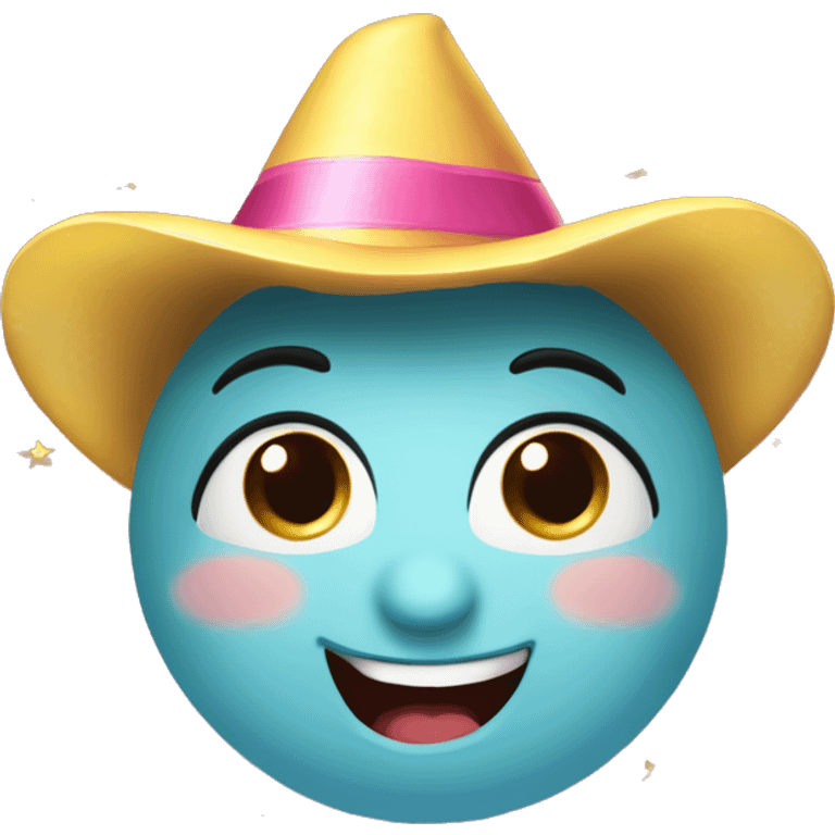 Happy face emoji: A round face, big warm smile, sparkling moon eyes. Eyebrows arched to express good humor, little gold stars near the eyes for a magical touch. Colored party hat slightly askew, rosy cheeks for a cute effect. STAR NEAR THE EYE emoji