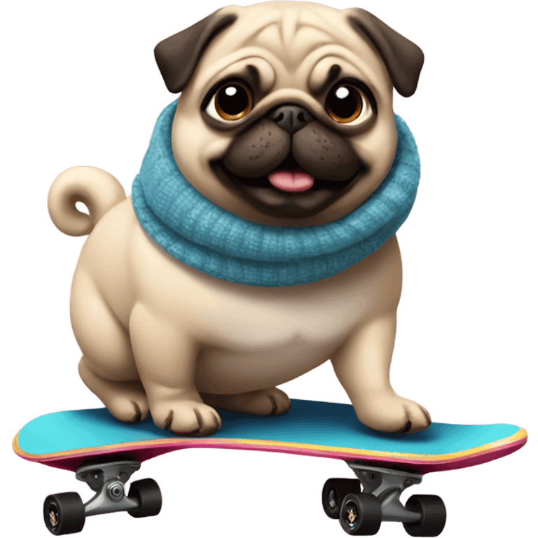 A chubby pug riding a skateboard with heels and a scarf emoji