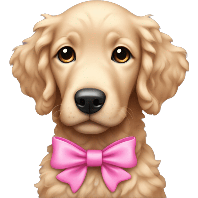 female curly black retriever puppy with pink bows above her ears emoji