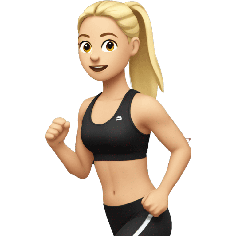 Girl with blonde hair in a ponytail running on a treadmill, she is wearing black leggings and a black sports bra emoji