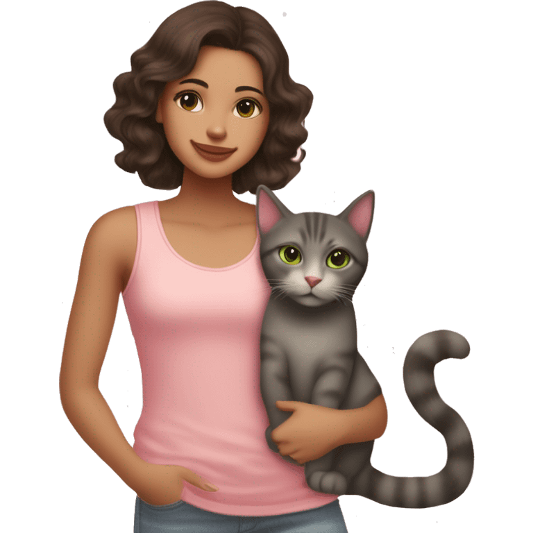 A mexican american girl with green eyes and dark brown hair with mauve pink lips wearing light washed jeans and a pink polka dot tank top shes smiling and petting her orange cat  emoji