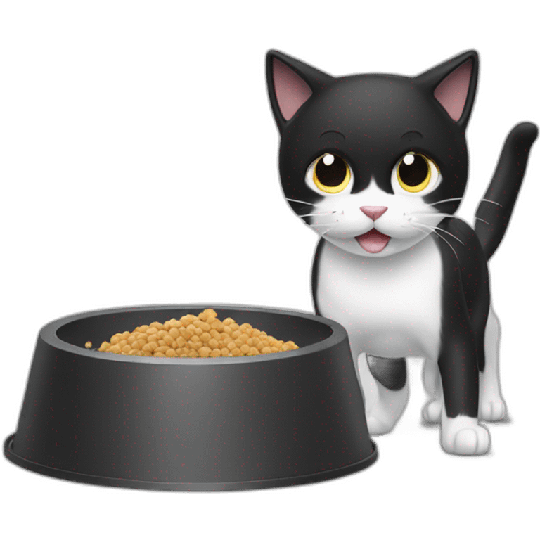 A black and white cat fighting with a pet feeder emoji