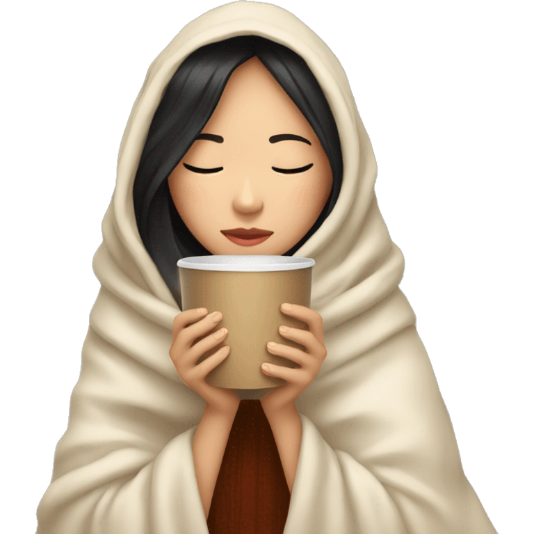 asian girl inside a blanket sipping coffee eyes closed emoji