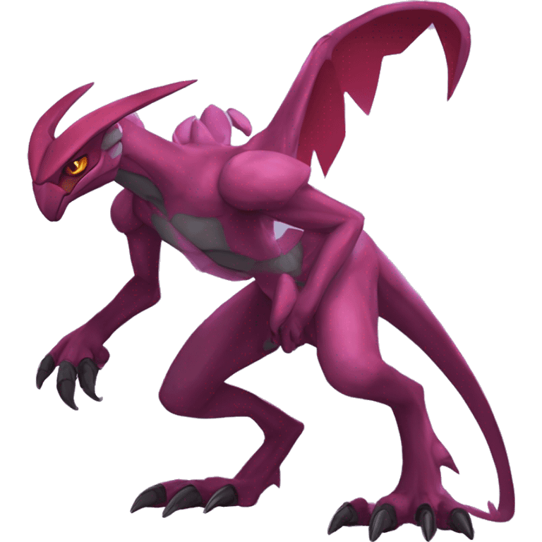 Mauve-maroon-red-violet-colored anthro-genesect-raptor-scalie-sona-Fakémon-hybrid with a mane on head and back full body emoji