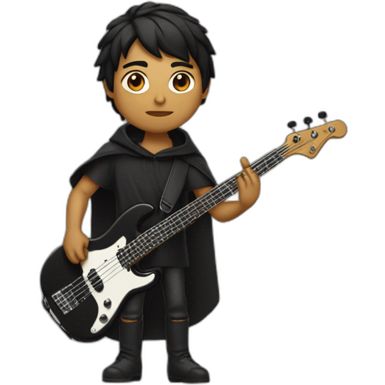 Poncho de Negris, very strong, short black hair, wearing a black shirt, playing electric bass emoji