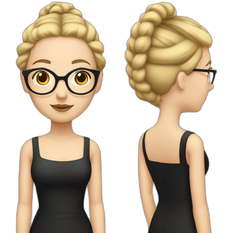 white woman with blonde pigtail braids and large dark rimmed glasses and a square neckline black dress emoji