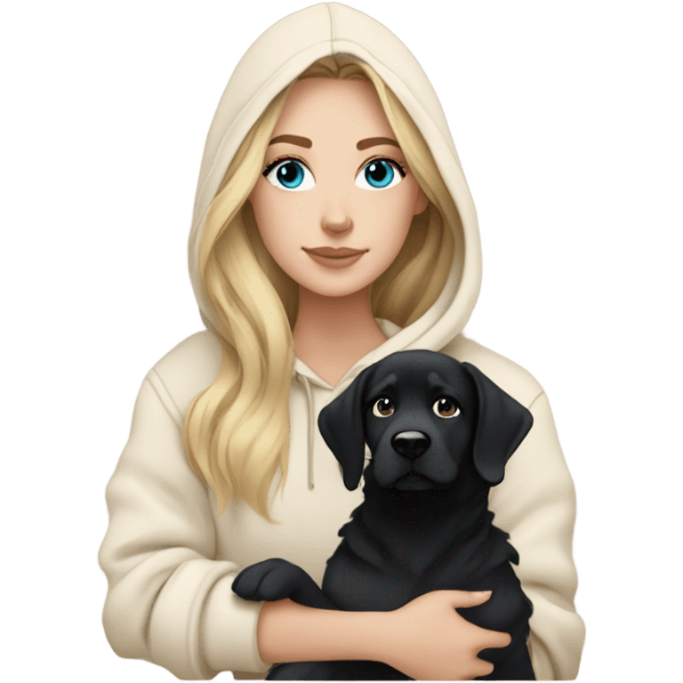 White girl blue eyes Blonde balayage long hair beige hoodie cuddling black dog emoji