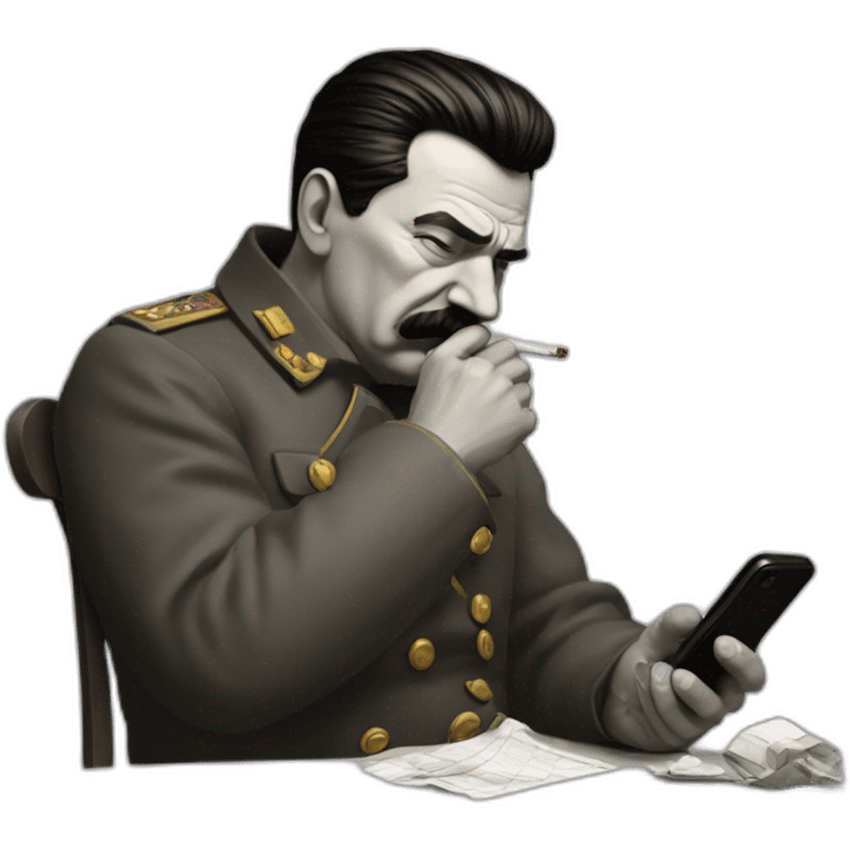 Depressed looking stalin looking at social media on phone and smoking a cigarette emoji