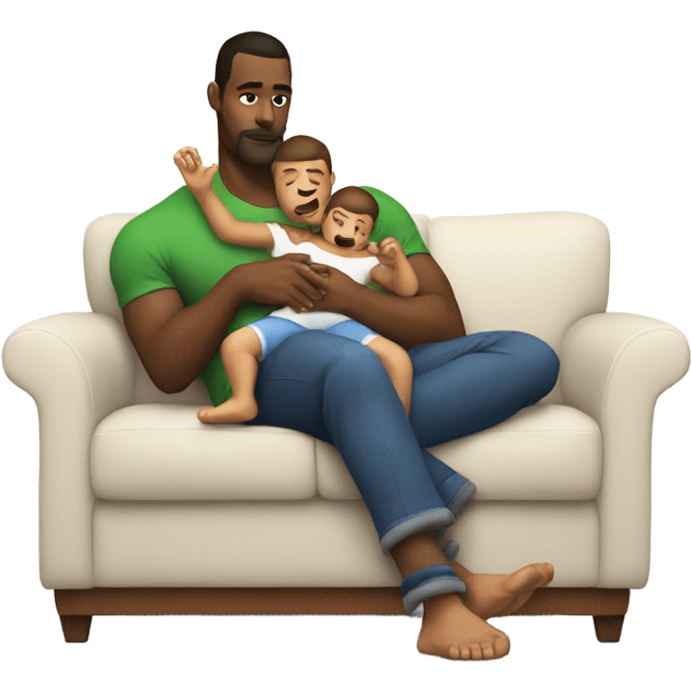 Hot dad laying on couch holding baby watching football  emoji