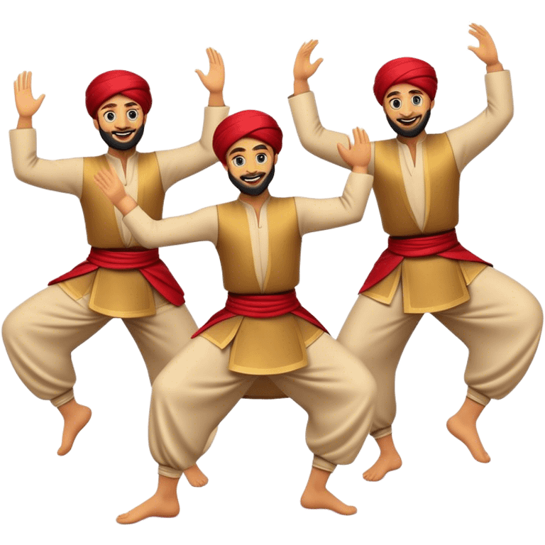 Cinematic Realistic Dabke Dance Emoji, depicted as an energetic traditional Lebanese folk dance with vibrant costumes and rhythmic movements, rendered with dynamic textures and festive natural lighting that captures its communal joy. emoji