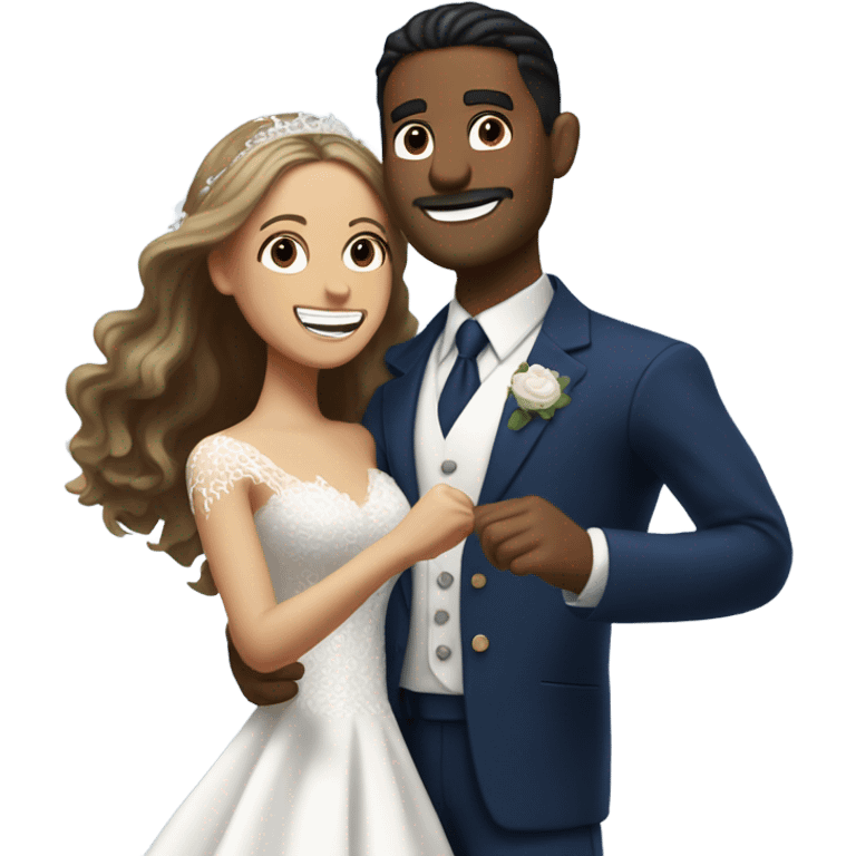 Puerto rican beard short brown hair with blue hat and navy blue suit first dance with blond long hair girl with white  wedding dress  emoji