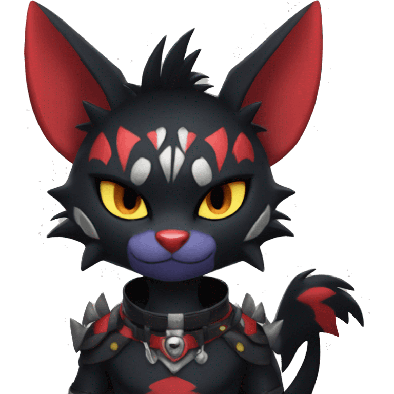 Black Anthro Cool Punk Noibat-Litten-Fakemon-fursona with fangs and red mascara Full Body emoji