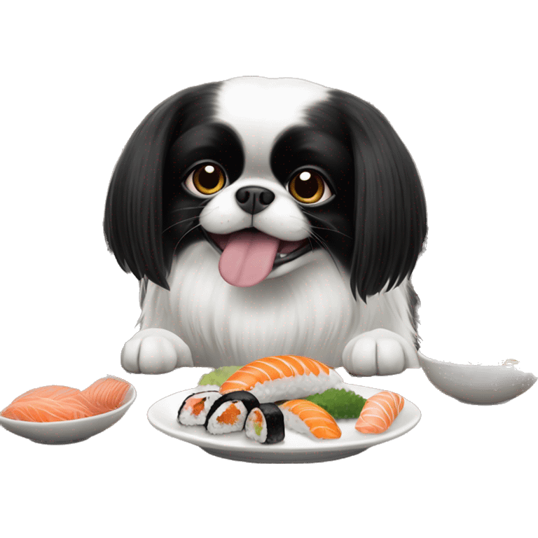 Black and white-colored Japanese Chin dog eating sushi at a restaurant  emoji