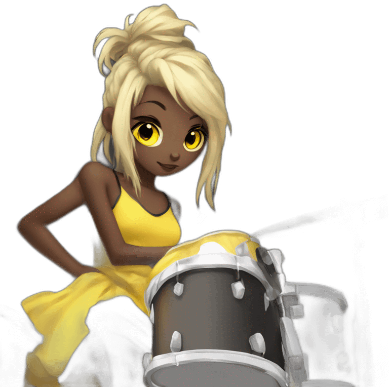 cute punk girl in yellow dress dark skin with yellow eyes and dark curvy hairs drummer anime style emoji