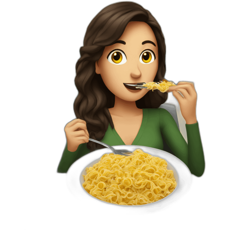 Tall brunette eating pasta in airport lounge emoji