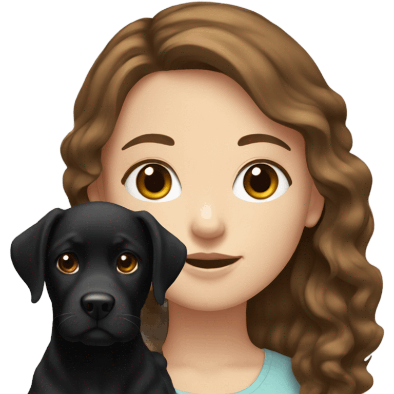 White girl with wavy brown hair holding a black Labrador emoji