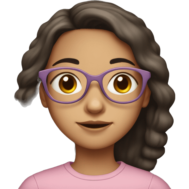 A young girl, around 10-12 years old, with shoulder-length dark hair and wearing light pink-framed glasses. She has a calm and neutral expression emoji