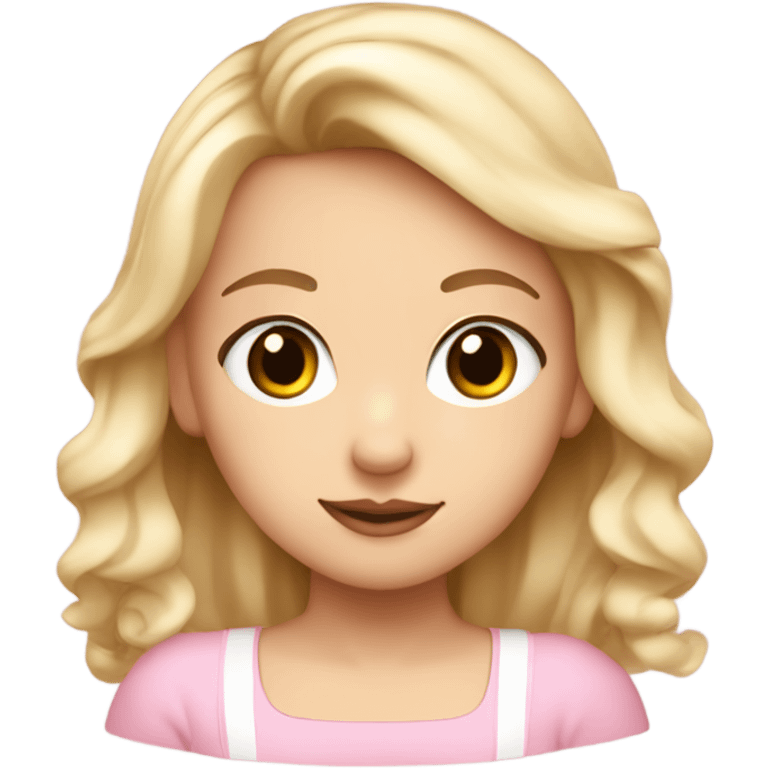 A girl with blond hair and brown eyes a baby pink bow im her hair and a Withe  tang top on emoji