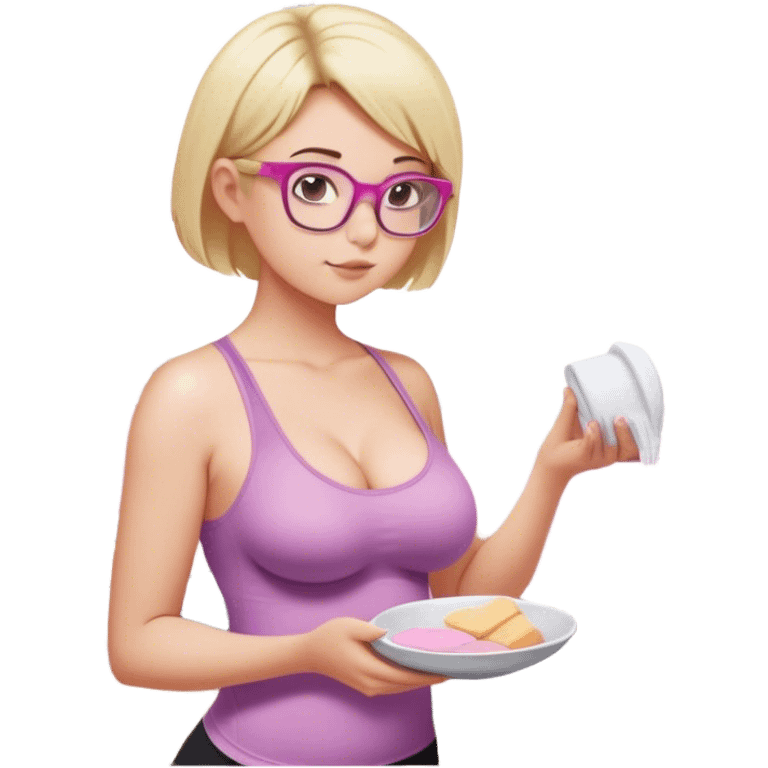 Thick fair skinned woman, short blond hair, small light purple reading glasses, washing dishes, sheer pink tank top, showing natural B cup breast shape SFW, black yoga pants, thick booty emoji