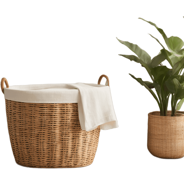 The rattan laundry basket with two handles is very cozy and inside the linen is white and beige emoji