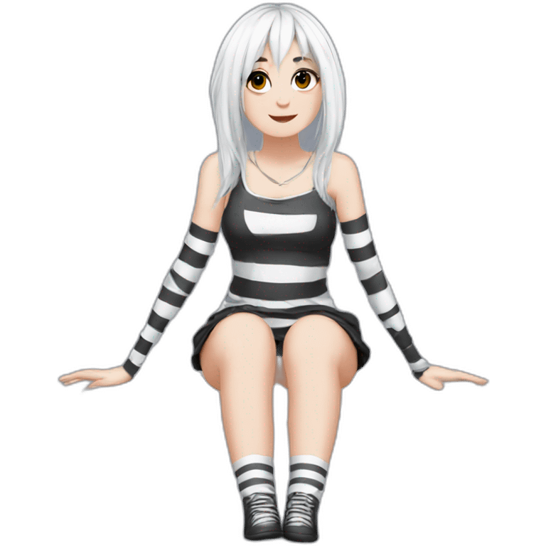 Frontal view curvy emo girl sits white skirt striped stockings hands up emoji