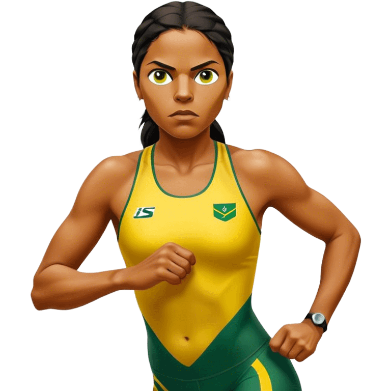 Cinematic Realistic portrait of Cathy Freeman, shown as an iconic Australian sprinter with a focused, determined expression and modern athletic yellow and green attire accented with subtle native motifs, rendered in dynamic, vibrant lighting emoji