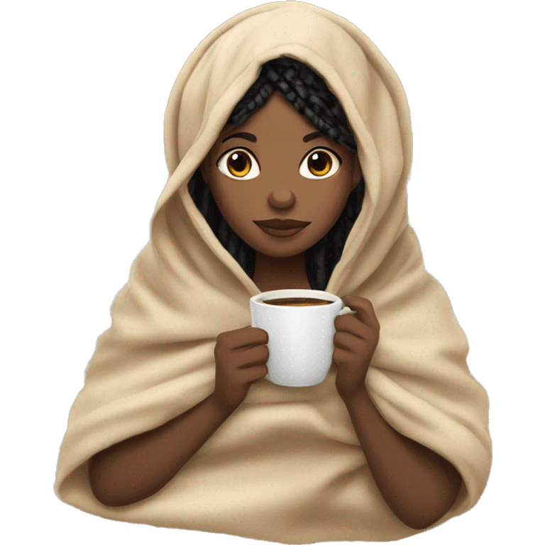 African American girl with black medium knotless braids drinking coffee with a blanket around her head and body  emoji