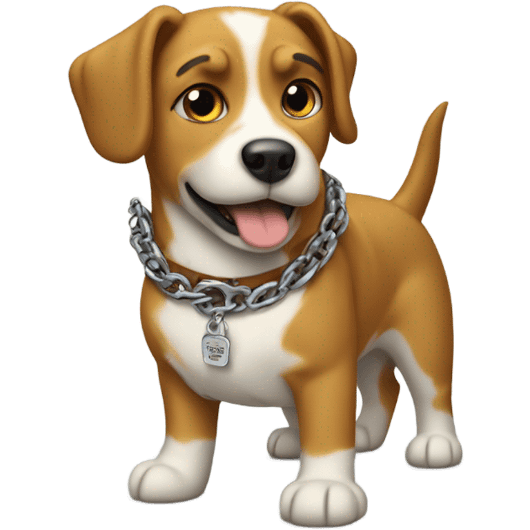 A dog with a chain that says murph emoji