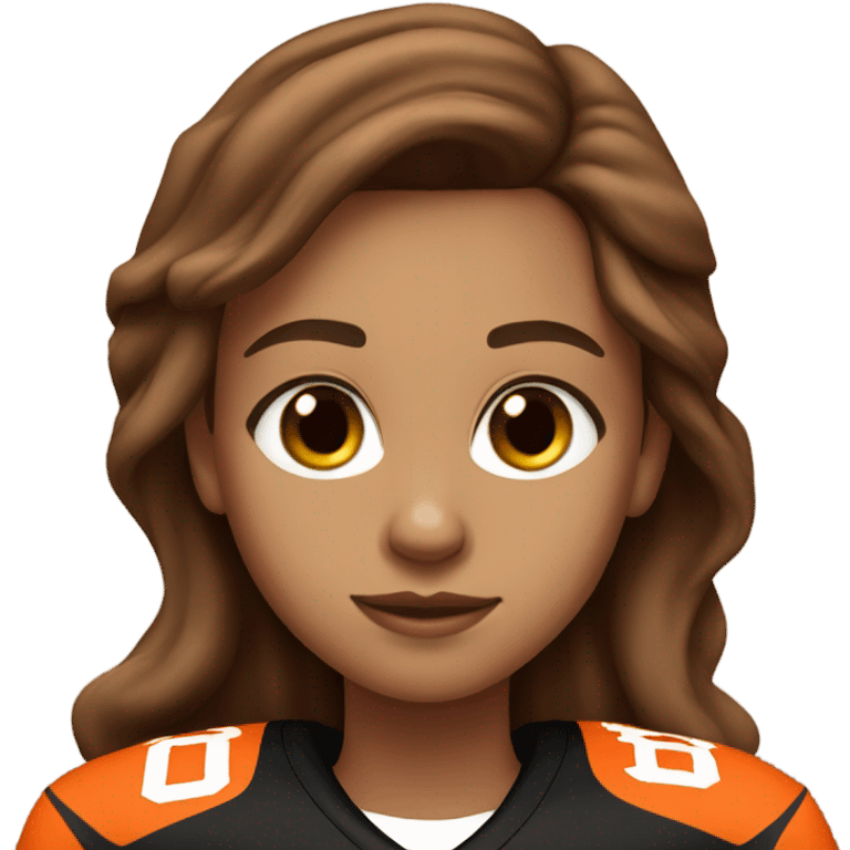 Girl with long brown hair, light skin, wearing orange and black Bengals football jersey emoji