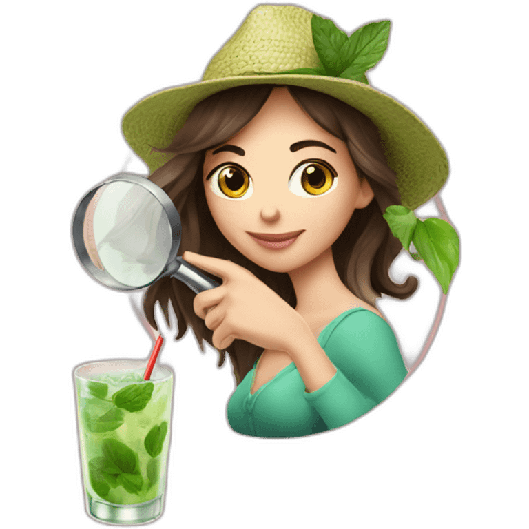 brunette girl + magnifying glass drinking mojito emoji