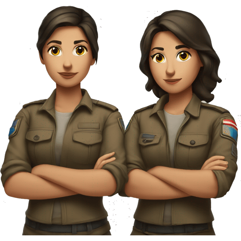 Brunette sisters standing back to back with arms crossed ready for combat emoji