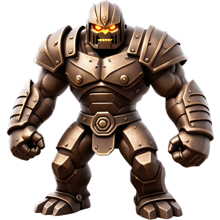 Cinematic Fierce Mighty Iron Golem Portrait Emoji Depicted mid-action in a dynamic, battle-ready stance, massive fists clenched, the ancient metallic plates along its form shifting with raw power. Its eyes blaze like molten fire within a carved, rune-etched face, exuding both divine purpose and mechanical precision. Weathered steel and dark bronze tones are accented by glowing, arcane inscriptions, each detail meticulously crafted with lifelike metallic reflections. High shine, imposing yet regal, styled with an air of indestructible might, soft glowing outline, capturing the essence of an unstoppable colossus that looks ready to charge forth with a thunderous step! emoji