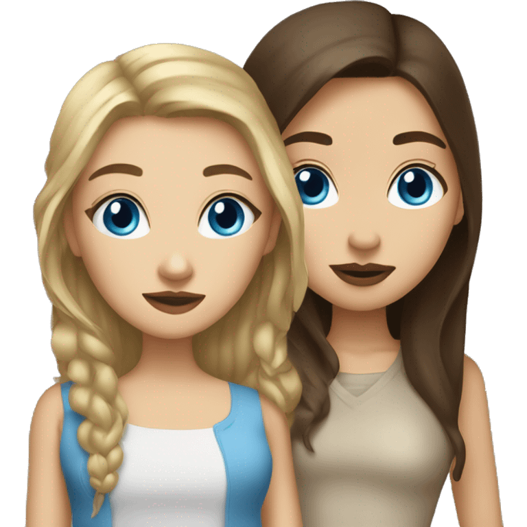 A blonde girl with blue eyes kissing a brunette brown haired girl emoji