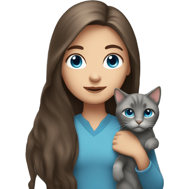 Girl with long brown hair and blue eyes holding a gray cat emoji