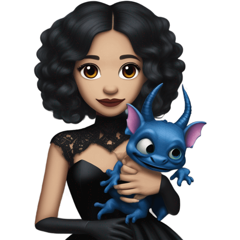 relaxed low cut back silk black evening gown with see-through gloves, Jenna Ortega as Addams woman prom queen wearing a mini tiara, very large blood blue evil-looking horned old dragon hand puppet emoji