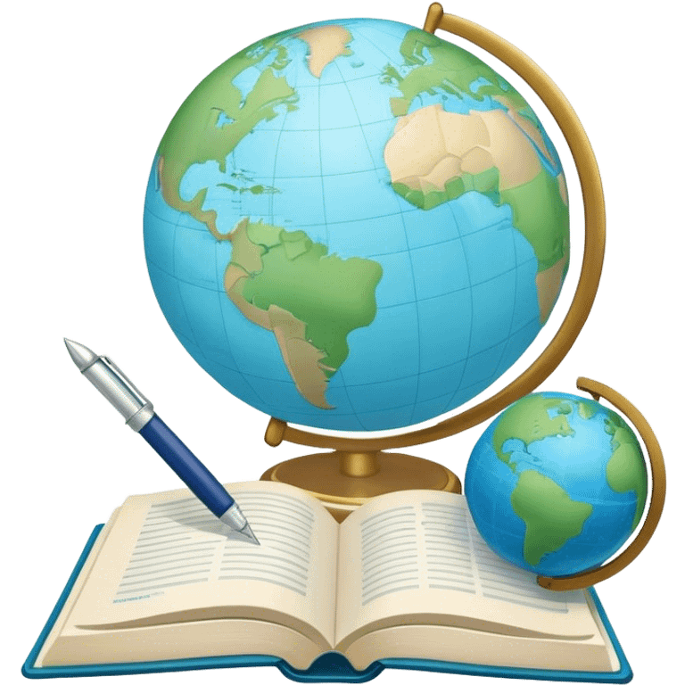 Create an emoji representing language translation. The design should feature a single globe in the background, symbolizing international communication. In front of the globe, place two opened books, with texts in it and a pen nearby to indicate the act of writing and vocabulary. Use a clean and professional color palette with blues, greens, and neutral tones. Do not include any emojis or smiley faces. Make the background transparent emoji