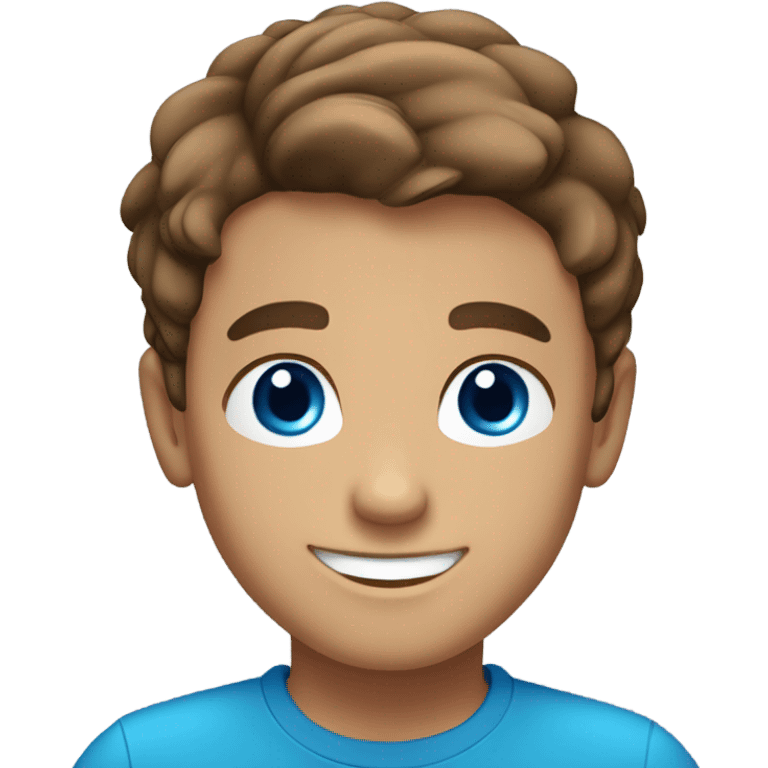 smiling boy in blue shirt, bright blue eyes, brown hair, no facial hair, tan skin emoji