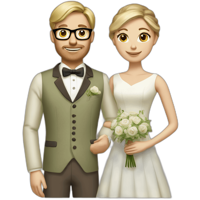 Wedding couple. She has a chignon with Brown Hair and he has a light olive green suit with a brown vest. He wears glasses and is blond. emoji