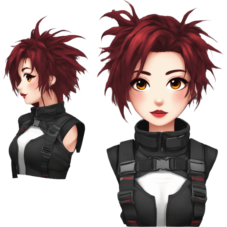 Gorgeous techwear anime style lady with blushing face aesthetic and pretty edgy black red punk messy hair with collar and harness trending style emoji