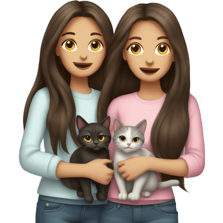 Two long hair brunette girls and two cats in their hands emoji