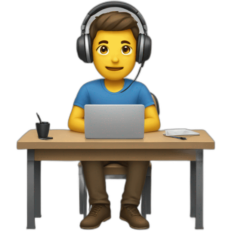 Man sitting at desk with headphones programming emoji