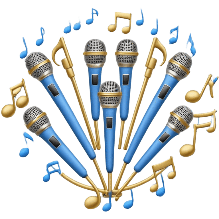 Create a harmonious and elegant emoji that represents choral singing. The design should feature multiple microphones arranged in a semi-circle, symbolizing a choir. Add musical notes flowing around to represent the harmony and unity of the voices. Include subtle elements like sheet music or a conductor's baton to reflect the organized aspect of choral performance. Use colors like gold, silver, and soft blue to evoke a sense of togetherness, professionalism, and grace. The background should be transparent. emoji